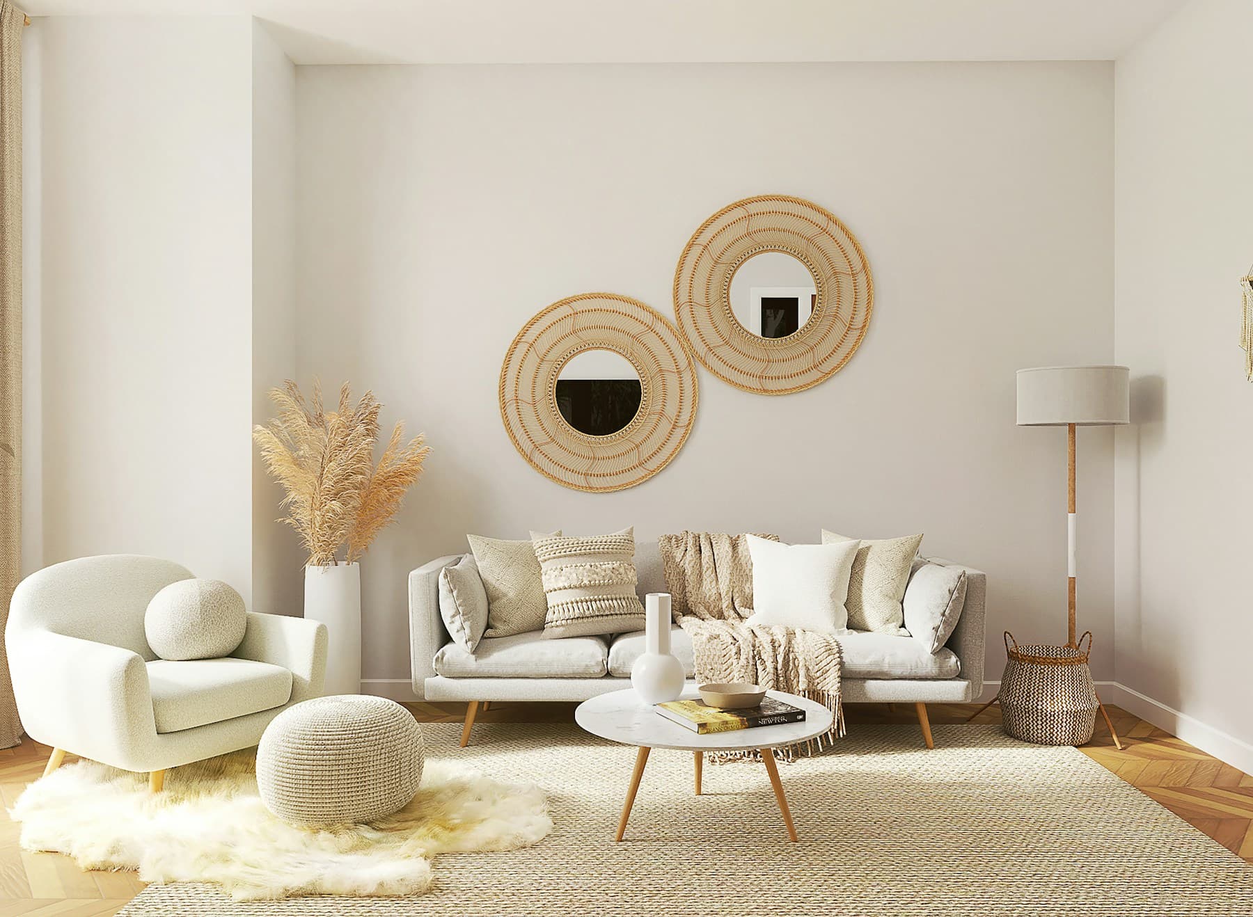 Contemporary residential interior with freshly painted neutral walls, carefully finished trim, and warm natural daylight.